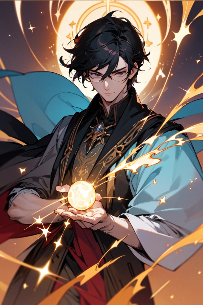 masterpiece, best quality, 1 male, young, tall muscular, handsome, finely detailed eyes, intricate details, black hair, short hair, smile, solo, upper body, detailed background, detailed face, good sorcerer, color magical robes, determined expression, white color scheme, dark crimson light, glowing magical runes, realistic lighting, floating particles, sparks, surrounded by gold lightning red arcane symbols, corrupted by eldritch power, bloom, glasses