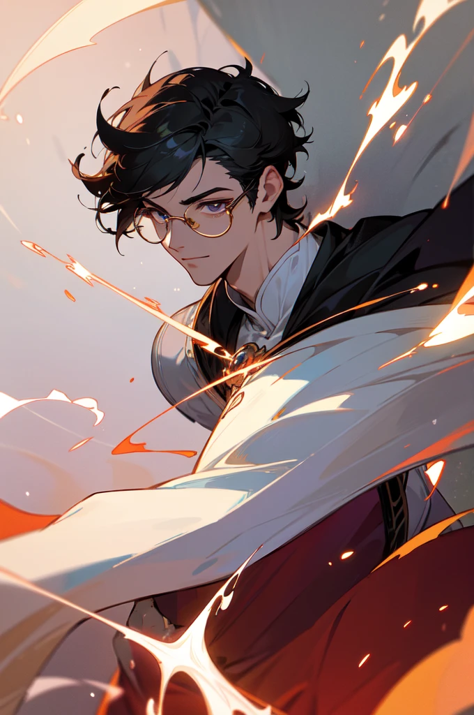 masterpiece, best quality, 1 male, young, tall muscular, handsome, finely detailed eyes, intricate details, black hair, short hair, smile, solo, upper body, detailed background, detailed face, good sorcerer, color magical robes, determined expression, white color scheme, dark crimson light, glowing magical runes, realistic lighting, floating particles, sparks, surrounded by gold lightning red arcane symbols, corrupted by eldritch power, bloom, glasses