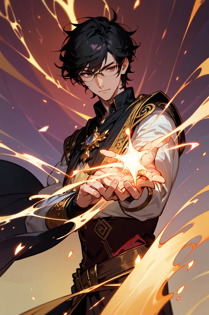 masterpiece, best quality, 1 male, young, tall muscular, handsome, finely detailed eyes, intricate details, black hair, short hair, smile, solo, upper body, detailed background, detailed face, good sorcerer, color magical robes, determined expression, white color scheme, dark crimson light, glowing magical runes, realistic lighting, floating particles, sparks, surrounded by gold lightning red arcane symbols, corrupted by eldritch power, bloom, glasses