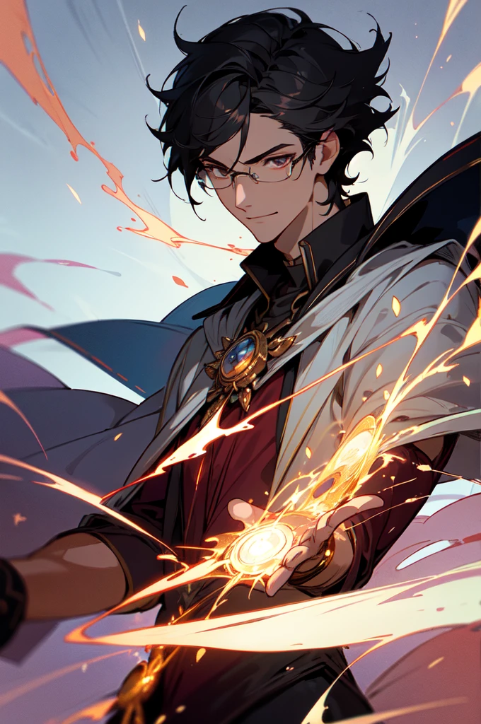 masterpiece, best quality, 1 male, young, tall muscular, handsome, finely detailed eyes, intricate details, black hair, short hair, smile, solo, upper body, detailed background, detailed face, good sorcerer, color magical robes, determined expression, white color scheme, dark crimson light, glowing magical runes, realistic lighting, floating particles, sparks, surrounded by gold lightning red arcane symbols, corrupted by eldritch power, bloom, glasses