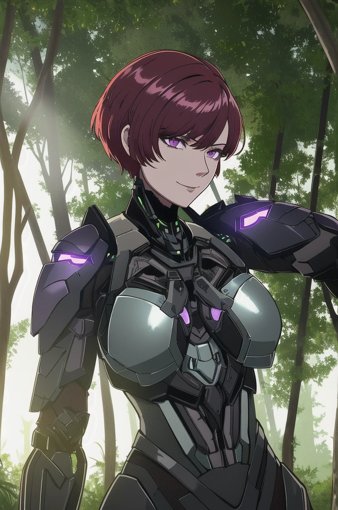 metallic workshop, plants, vegetation, weak lights and shadows, sunlit, tree canopy, - upper body, mech-girl, md-mech, medium breasts, red short hair, violet eyes, evil smiling, md-mech, looking viewer, standing stylish, hand on hips