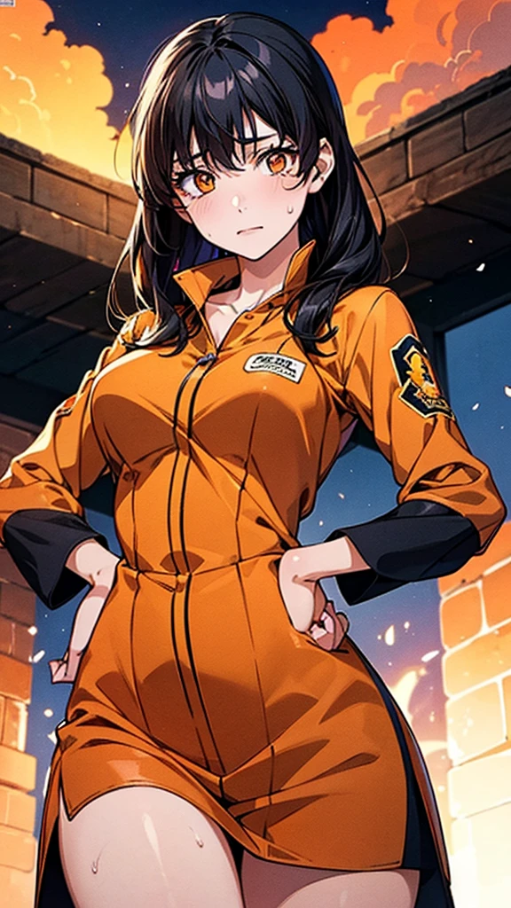 ((Highest quality)), ((High resolution)), ((masterpiece)), ((detailed)), (From below:1.1), One cute girl, 18-year-old, Beautiful Face, Beautiful details, Beautiful Hair, Black Hair, Beautiful clavicle, Beautiful body, Beautiful legs, (Orange firefighter uniform), Shiny skin, Sweat, stand, Place your hands on your hips, evening, Beautiful views,