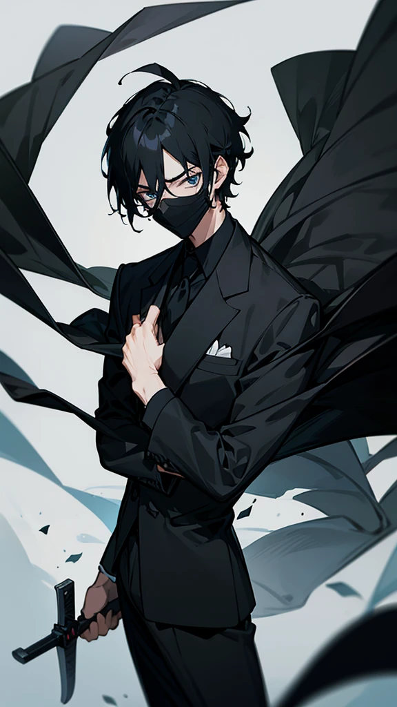 Short black hair,black suit,male,A dark mask covers the entire face,Holding a long black knife,indifferent,anime style,Height 187 cm