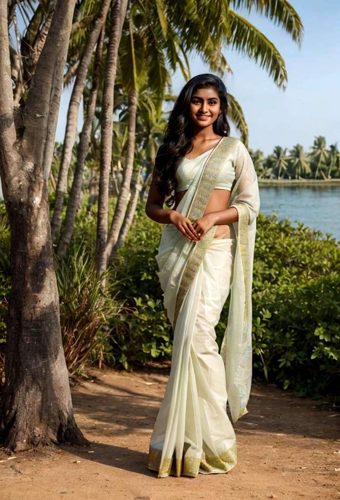 Design an image of a realistic Kerala model dressed in a half saree, white skin colour, with a radiant smile and a sense of style that exudes confidence. Set the scene with a tranquil backdrop of backwaters, a grassy road, and a coconut tree. Incorporate a palette of calming colours like blue, green, and beige to evoke a sense of serenity. show only the face