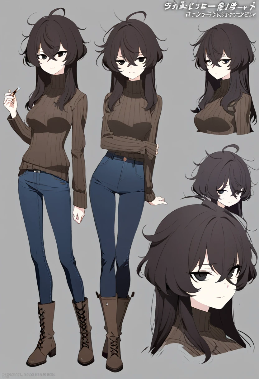 One Woman,Downer,older sister,Concept Art,Dark brown hair,Straight hair with slight inward curls,Staring eyes,Eye Ridge,black eye,Crossed bangs,whole body,smile,Slightly larger breasts,Gray background,Bangs that reach down to the eyes,Messy hair,Tight dark jeans,Brown turtleneck sweater,Multiple views of the same character,Character Design,Dark circles under the eyes,Bad look,Listless,Sloppy,accessories,Cafe staff,Holding a cigarette,whole bodyCharacter Design,Detailed hands,Height: 170cm,boots,