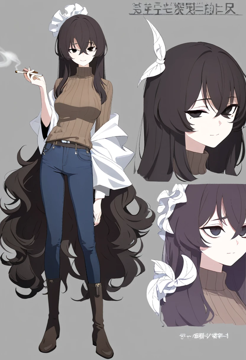 One Woman,Downer,older sister,Concept Art,Dark brown hair,Straight hair with slight inward curls,Staring eyes,Eye Ridge,black eye,Crossed bangs,whole body,smile,Slightly larger breasts,Gray background,Bangs that reach down to the eyes,Messy hair,Tight dark jeans,Brown turtleneck sweater,Multiple views of the same character,Character Design,Dark circles under the eyes,Bad look,Listless,Sloppy,accessories,Cafe staff,Holding a cigarette,whole bodyCharacter Design,Detailed hands,Height: 170cm,boots,