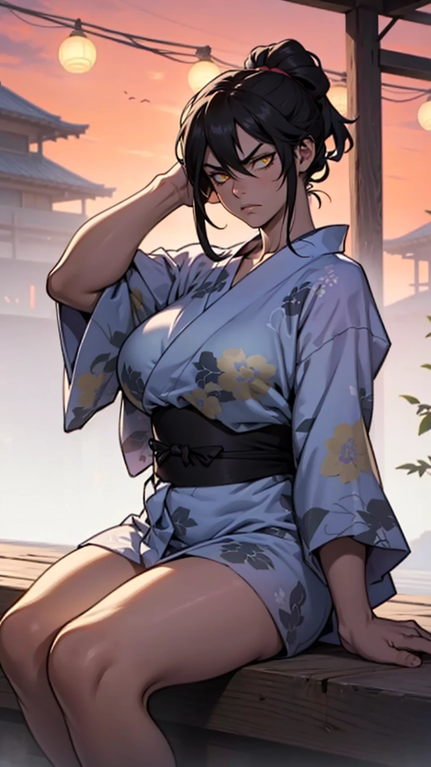 girl ((muscular)) massive thick disdain disgusted annoyed disappointed black hair yellow eyes pale skin super detail yukata sitting