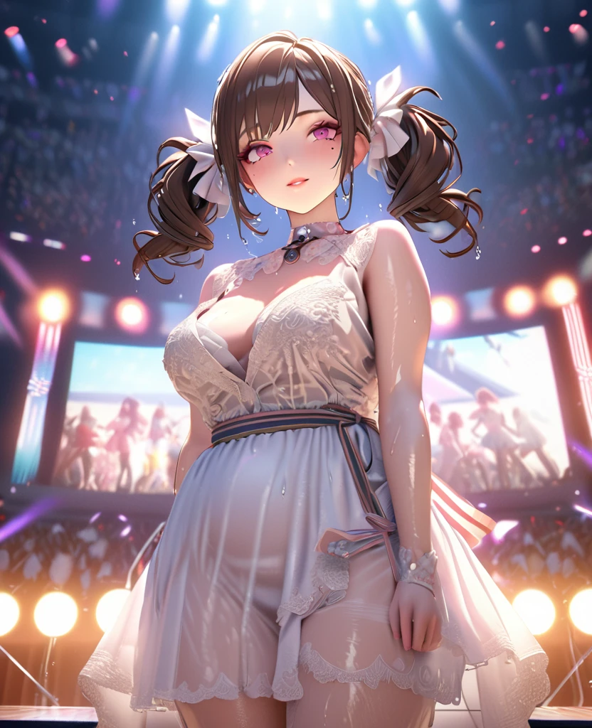 one girl, staring at the audience, beautiful pink eyes, brown hair in short twin tails, mole under eye, plump glossy lips, heart shaped choker, idol, her name is Mei, smiling, . . . 3D, realistic, idol's costume was drenched in heavy rain, her chest was wet and see-through, heavy rain at outdoor concert, draped clothes, jewelry and decorations removed, floral patterns, lace trim, glittering on stage, masterpiece, best quality, 8k, detailed skin texture, detailed fabric texture, beautifully detailed face, intricate details, highly detailed, ultra high resolution, 8k Ultra HD, film grain, best shadows, delicate, staring at the audience, front