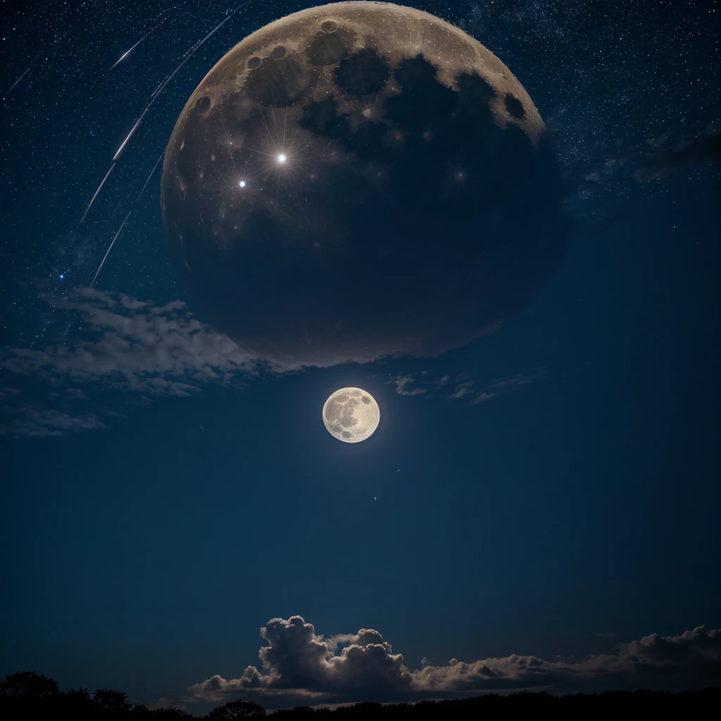 Full moon, in the sky, partly cloudy, with stars behind it