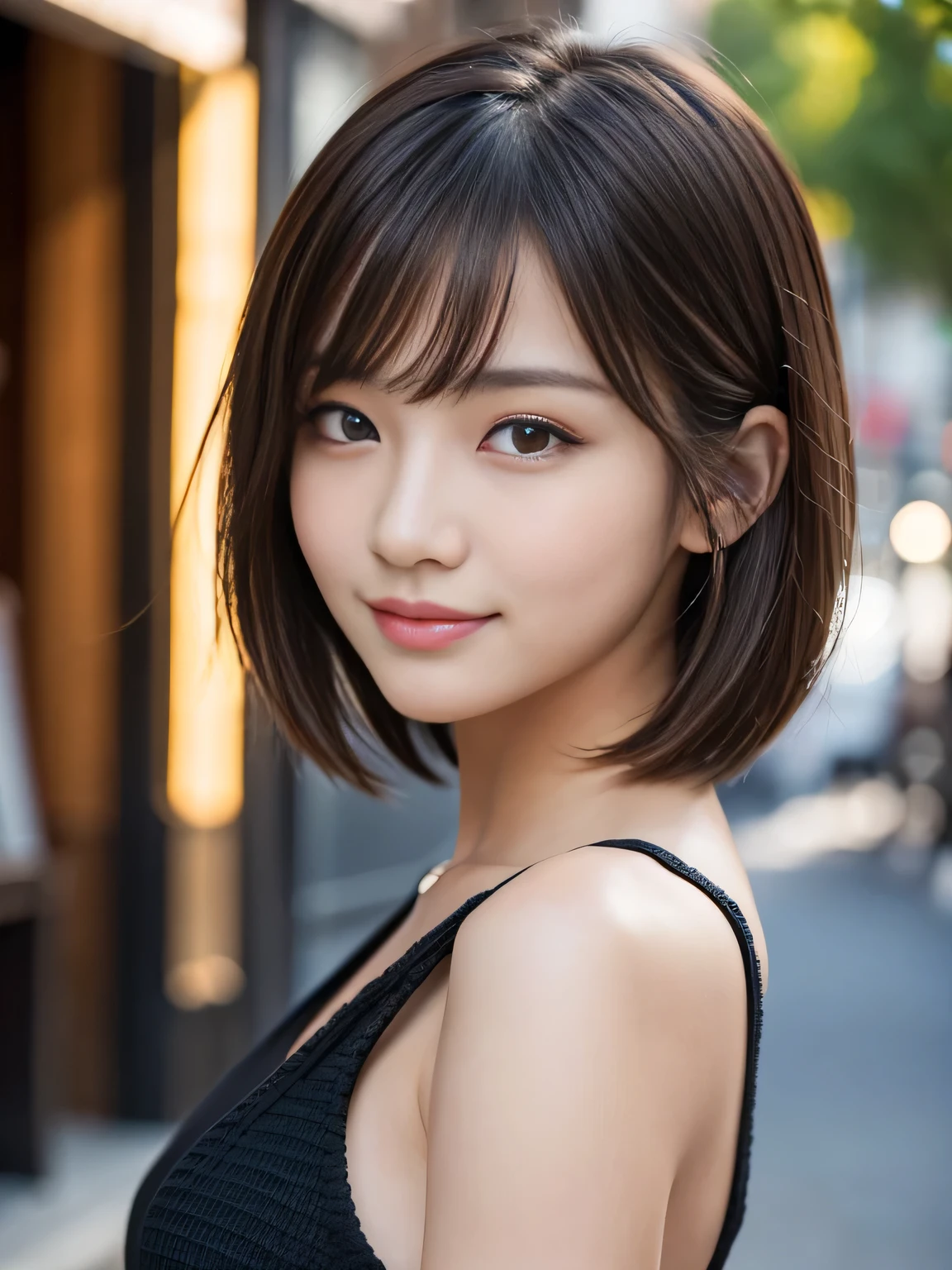 masterpiece, best quality, ultra-detailed, intricately detailed hyperdetailed, realistic, sharp features, highly detailed, sharp focus, 20 years old, Japanese,idol, perfect face, perfect face, perfect symmetrically perfect eyes, perfect full lips, flexible female form, film light, hyper detailed, hyper realistic, high resolution, vibrant, dynamic studio lighting, short hair, Brown Hair, Shoulder Length Layered, asymmetrical bangs, brown Eyes, (Impish Smile:1.2), cowboy shot, (black knit)
