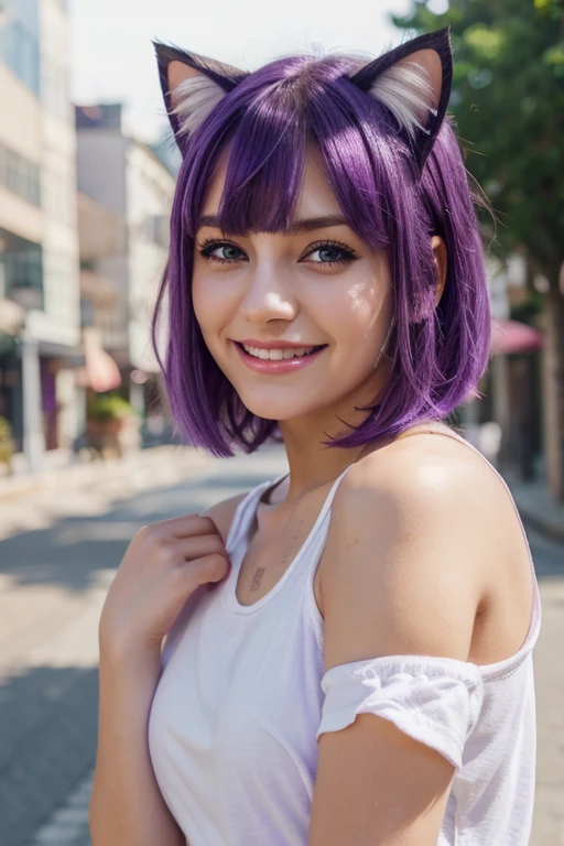 cute girl, All purple, short hair, bangs, slanted eyes, purple eyes, purple hair, cat ears, sticking out tongue, very smile, master piece, high quality, 4K, 8K, Decora, Decodeco, cute, lots of items, high quality, colorful, 4K, 8K