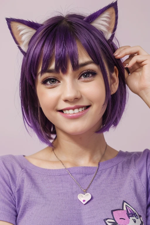 cute girl, All purple, short hair, bangs, slanted eyes, purple eyes, purple hair, cat ears, sticking out tongue, very smile, master piece, high quality, 4K, 8K, Decora, Decodeco, cute, lots of items, high quality, colorful, 4K, 8K