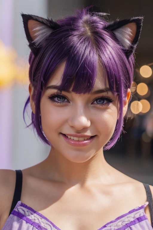 cute girl, All purple, short hair, bangs, slanted eyes, purple eyes, purple hair, cat ears, sticking out tongue, very smile, master piece, high quality, 4K, 8K, Decora, Decodeco, cute, lots of items, high quality, colorful, 4K, 8K