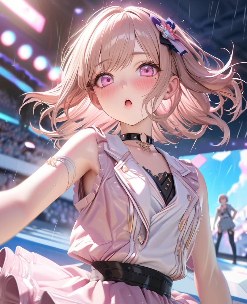 masterpiece, best quality, ultra detailed, high resolution, expensive resolution, HDR, 4k, 8K, uniform 8k wallpaper, ultra detailed CG, masterpiece, realistic, 2D, 3D, beautiful details, depth, fine texture, ultra fine: 1.3, perfectly focused, crispy .skin, .he, very cute anime girl, idol, drenched in heavy rain outdoor stage, chest part is visible through, brown short twin-tail hair wearing expensive clothes, one girl, one person, brown short twin-tail hair, idol, mole under eye, looking at the viewer, expensive, blush, mole, open lips, hair accessory, heart-shaped choker, pink eyes, choker