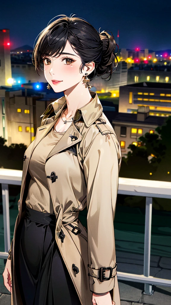 (masterpiece:1.3, Highest quality, Ultra-high resolution, Super detailed), (Realistic, photoRealistic:1.4), Beautiful illustrations, Perfect lighting, colorful, Depth of written boundary,
Beautiful detailed hair, Beautifully detailed face, Beautiful fine details, Beautiful clavicle, Beautiful body, 美しいLarge Breasts, Beautiful thighs, Beautiful feet, Beautiful fingers,
(Open Court、Beige trench coat:1.4), ((blouse、Black long skirt 1.4))、
View Viewer、Front view:0.8, Beauty1人, Japanese, Beauty、30 years old, Perfect Face, (Perfect ???????, Anatomically correct), Cute and symmetrical face, Baby Face, , Shiny skin,
(Black Hair, Updo Hair:1.4), Dark brown eyes, Large Breasts, Slim body,
necklace, (Small earrings:1.3),
(Beautiful views), (night), (city, cityscape in the distance), Are standing, A soft smile、(Smile, Lips parted),