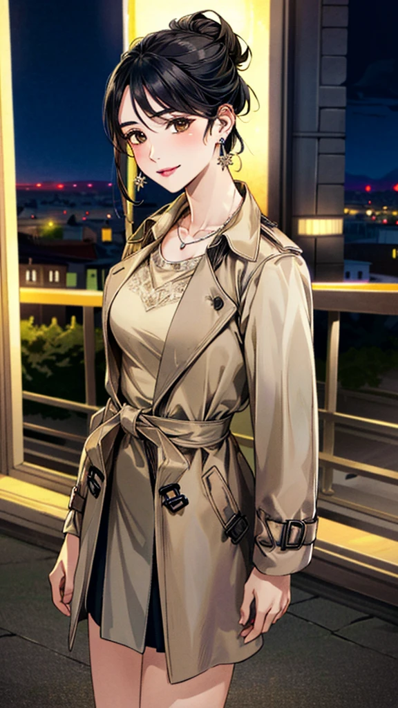 (masterpiece:1.3, Highest quality, Ultra-high resolution, Super detailed), (Realistic, photoRealistic:1.4), Beautiful illustrations, Perfect lighting, colorful, Depth of written boundary,
Beautiful detailed hair, Beautifully detailed face, Beautiful fine details, Beautiful clavicle, Beautiful body, 美しいLarge Breasts, Beautiful thighs, Beautiful feet, Beautiful fingers,
(Open Court、Beige trench coat:1.4), ((blouse、Black long skirt 1.4))、
View Viewer、Front view:0.8, Beauty1人, Japanese, Beauty、30 years old, Perfect Face, (Perfect Anatomy, Anatomically correct), Cute and symmetrical face, Baby Face, , Shiny skin,
(Black Hair, Updo Hair:1.4), Dark brown eyes, Large Breasts, Slim body,
necklace, (Small earrings:1.3),
(Beautiful views), (night), (city, cityscape in the distance), Are standing, A soft smile、(Smile, Lips parted),