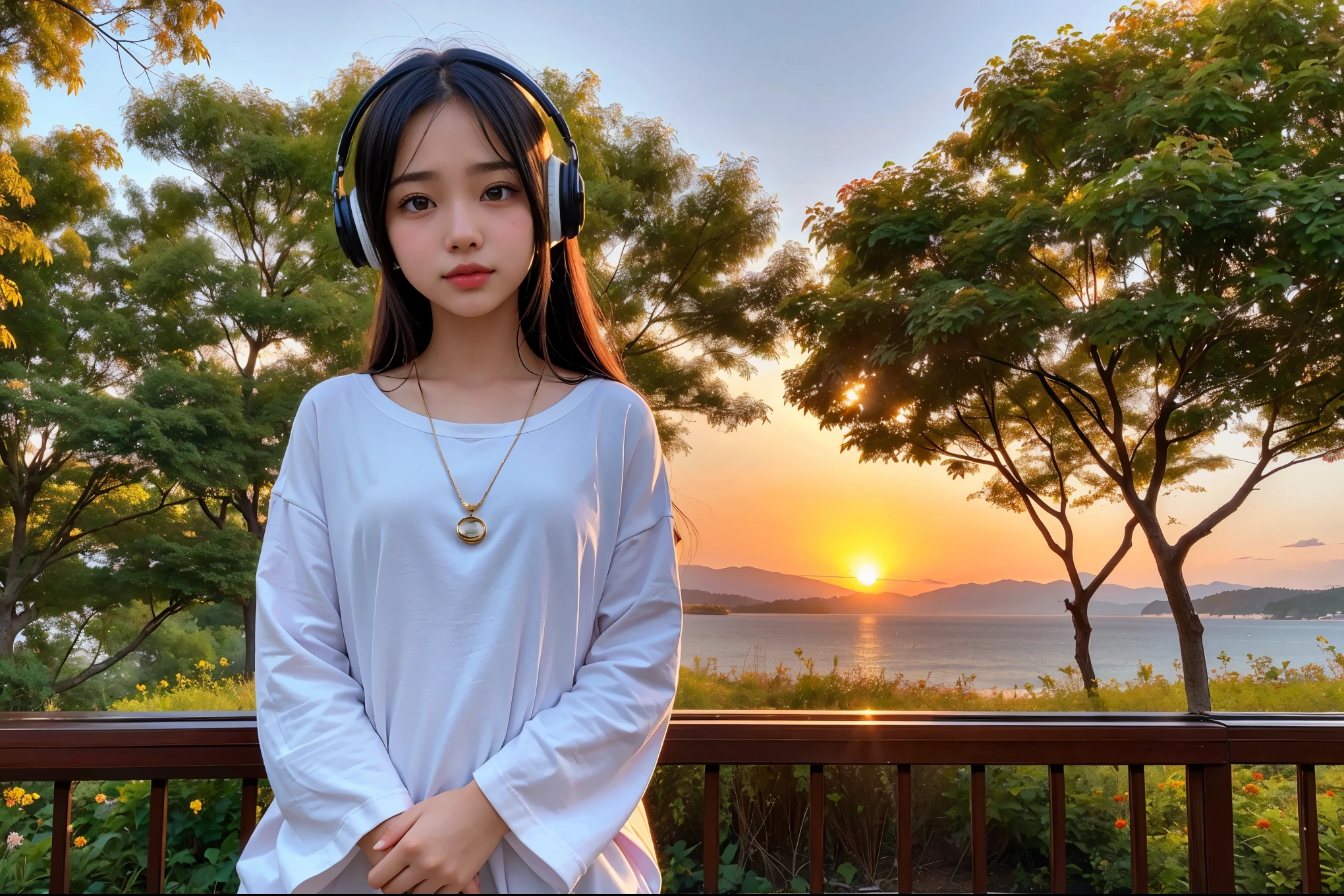 A young woman with headphones, entranced by the stunning sunset before her. She radiates peace and contentment, her eyes reflecting the warm hues of the sky as she basks in the glow of nature's beauty. This scene is portrayed in a beautifully detailed anime-style painting, capturing the girl's serene expression and the vibrant colors of the setting sun. The cozy atmosphere of her home is evident in the warm lighting and comfortable surroundings, enhancing the overall sense of tranquility and comfort emanating from the image.