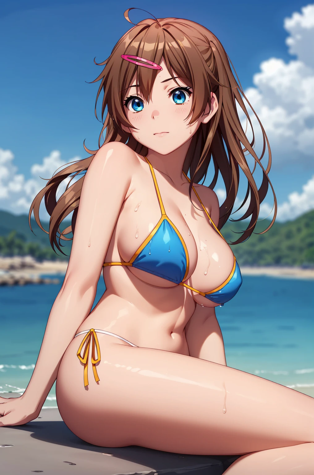 ((masterpiece, Highest quality, High resolution, UHD, Pixel perfect, Depth of written boundary, 4K, rtx, HDR)), 1 Girl, single, alone, 24-years-old, Beautiful Anime Girls, Beautiful art style, anime character, ((Parted bangs, Brown Hair)), (blue eyes、Round eyes, Delicate eyelashes、Beautiful eyelashes, Perfect Eyes), (Detailed face:1.2), (Smooth texture:0.75, Realistic texture:0.65, Realistic:1.2, Cinematic, Anime CG Style), Perfect body, Ocean:1.3、Moderately good breasts:1.7、Red Micro Bikini Swimsuit:1.8、Visible from the thighs:1.9、Wet、Water Drop、Splash、nsfw、visible from below、Sitting、Crossing your legs