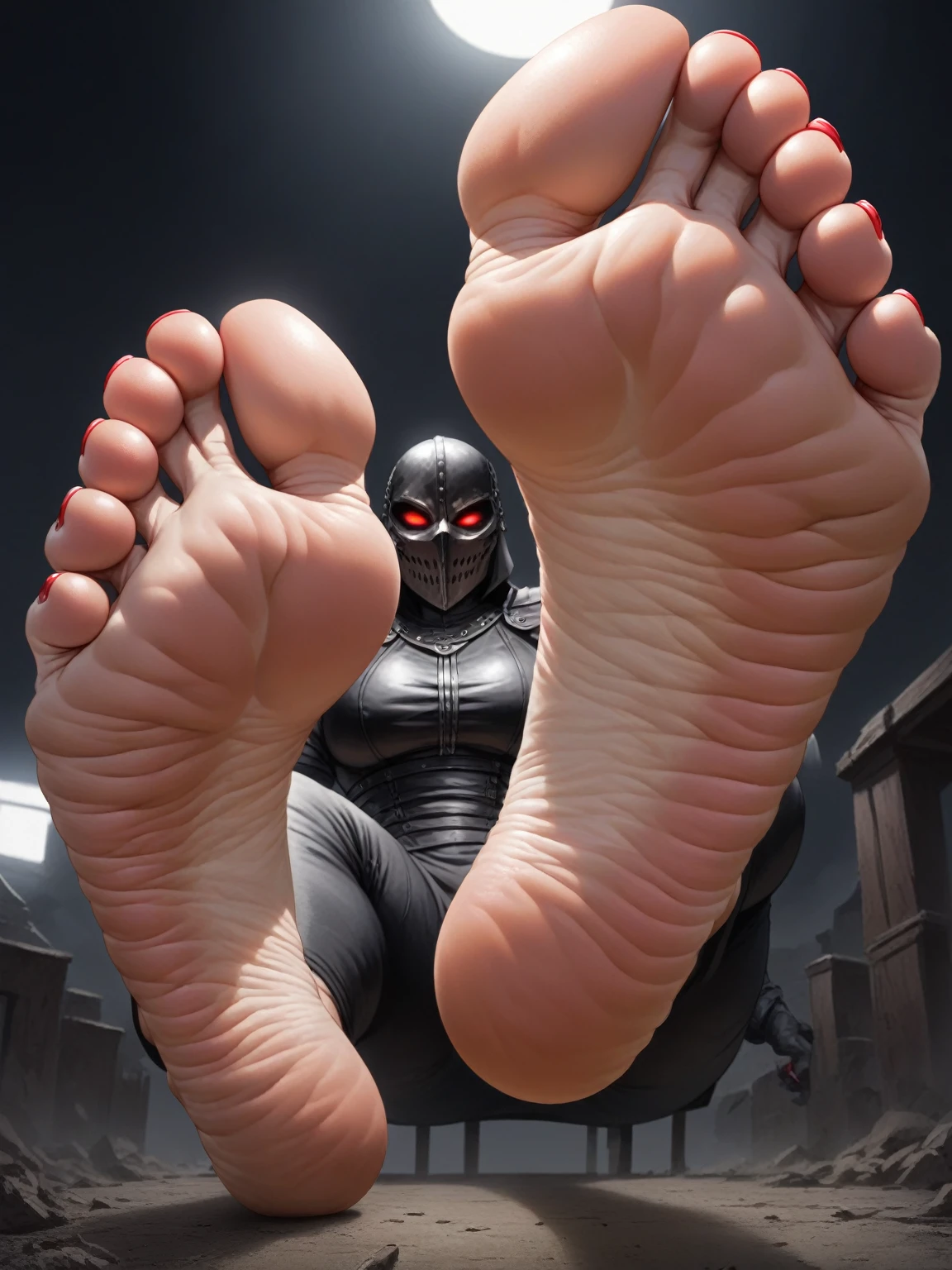 Giant feet soles and toes, red toesnail, black and red backfround, the ground was made of dark water, ultra detailed, wrinkled soles, dirty soles, beautiful ful masked girl. Masterpiece, 4k, low-angle view, fives toes, two feet