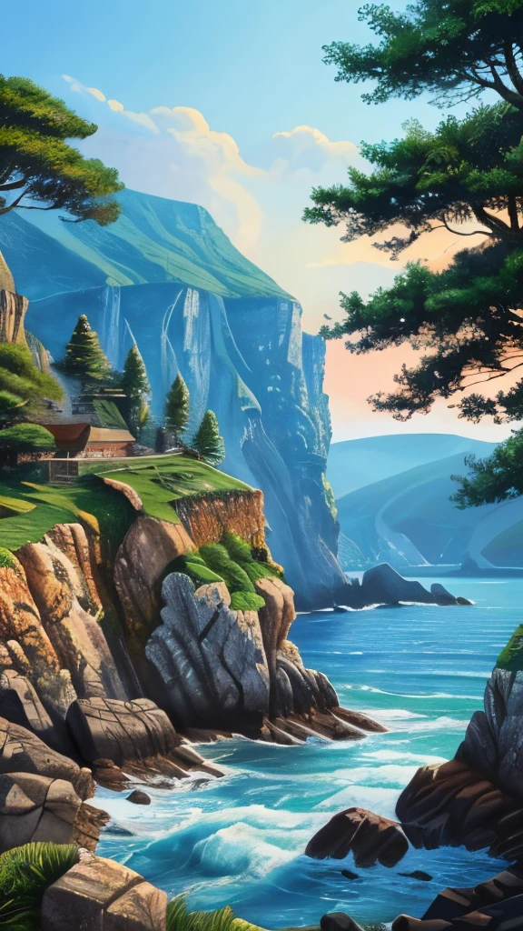 a painting of a rocky island with trees on top of it, 4k detailed digital art, 4k highly detailed digital art, scenery art detailed, detailed trees and cliffs, background art, digital painting highly detailed, 8k high quality detailed art, highly detailed digital painting, scenery artwork, very detailed digital painting, 4k detailed art, cliff side
