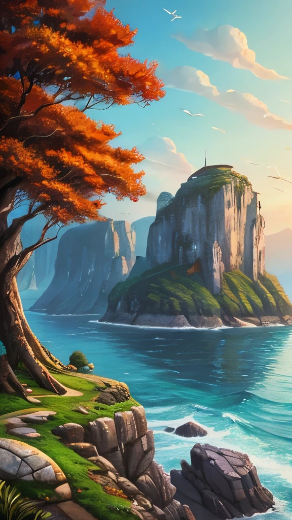 a painting of a rocky island with trees on top of it, a digital painting inspired by Cyril Rolando, polycount contest winner, fantasy art, 4k detailed digital art, 4k highly detailed digital art, scenery art detailed, background art, detailed trees and cliffs, digital painting highly detailed, 8k high quality detailed art, highly detailed digital painting, scenery artwork