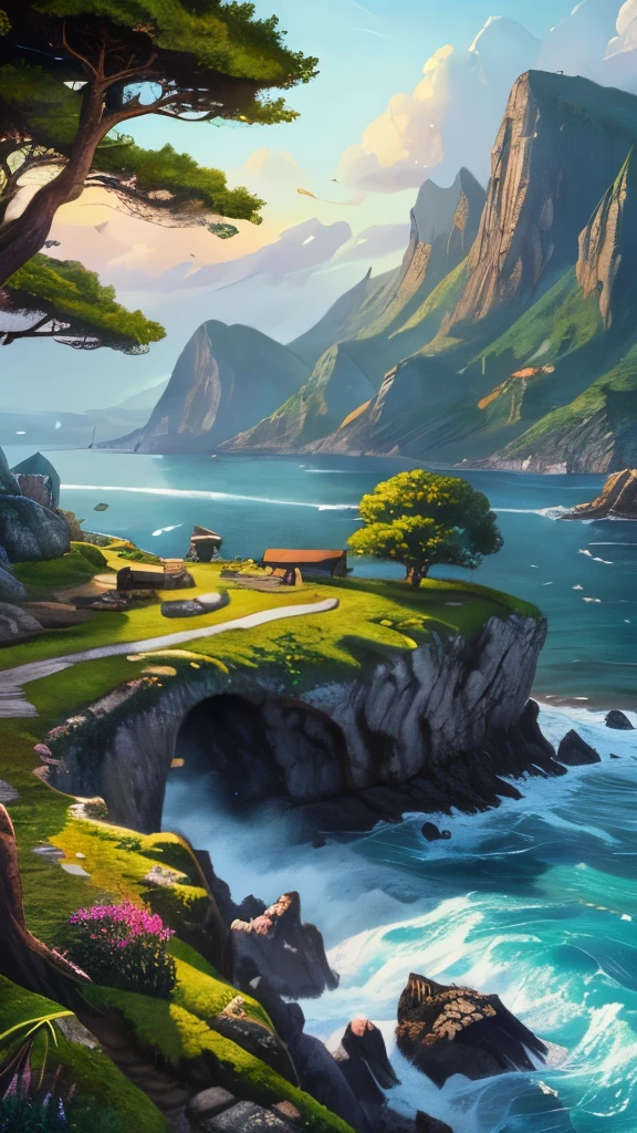 a painting of a rocky island with trees on top of it, a digital painting inspired by Cyril Rolando, polycount contest winner, fantasy art, 4k detailed digital art, 4k highly detailed digital art, scenery art detailed, background art, detailed trees and cliffs, digital painting highly detailed, 8k high quality detailed art, highly detailed digital painting, scenery artwork