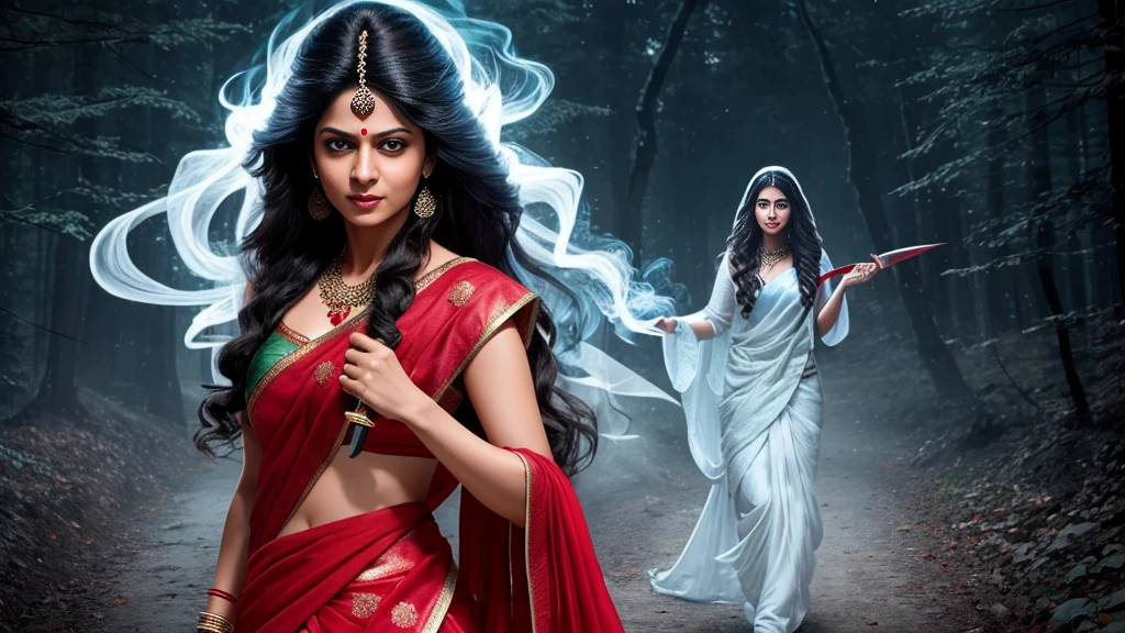 Draw a scene of an Indian chudail, Shahrukh Khan as a female ghost with long hair and inverted feet, in a realistic style,She is flying in the night sky, Haunted Forest, She is wearing a Red sari that flows behind her like a trail of smoke, Her face is beautiful, with sharp teeth and glowing red eyes, She is holding a severed head in one hand and a bloody knife in the other. She is looking for her next victim, who is unaware of her presence, ultra realistic, highly detailed, proper body parts 