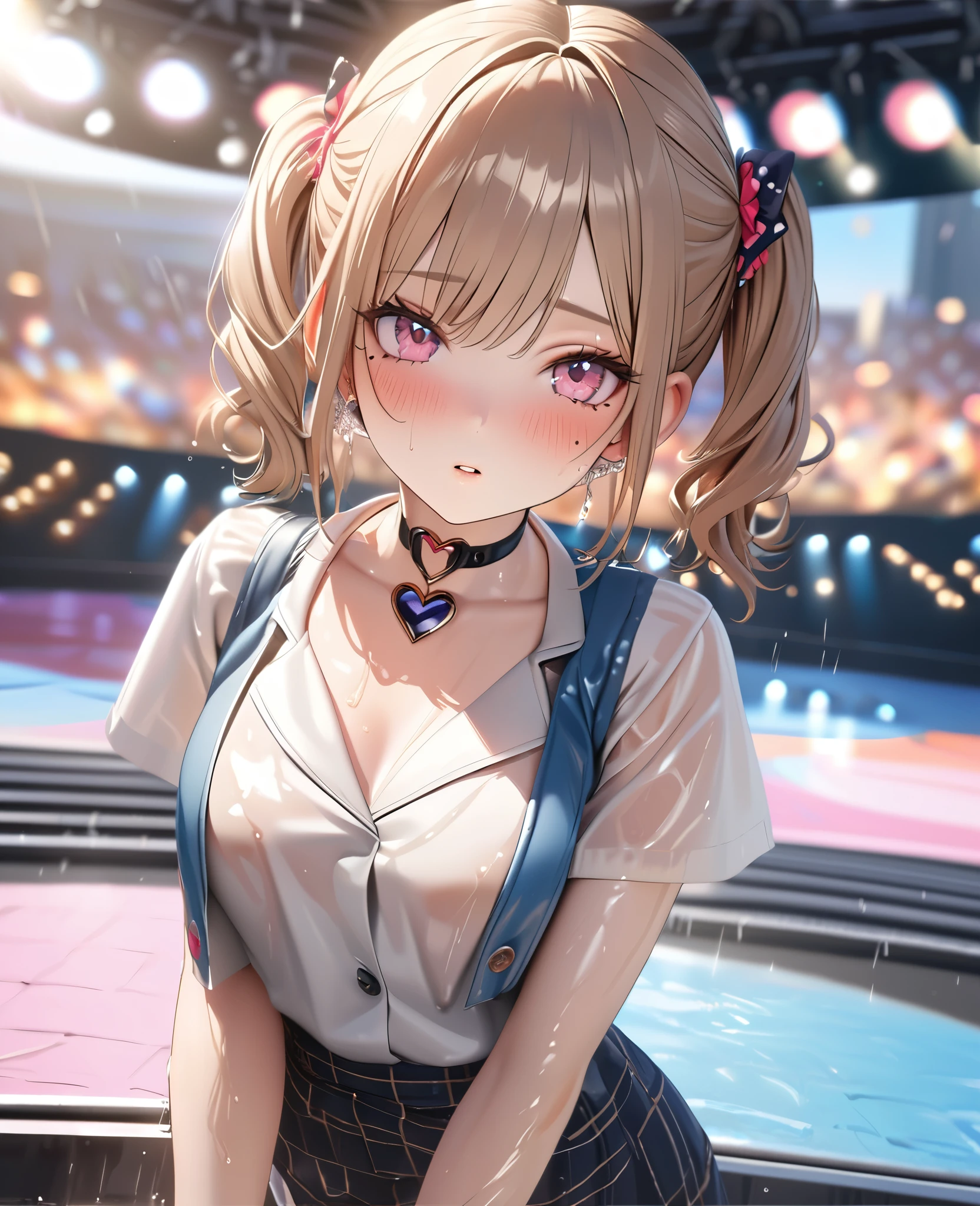 masterpiece, best quality, ultra detailed, high resolution, expensive resolution, HDR, 4k, 8K, uniform 8k wallpaper, ultra detailed CG, masterpiece, realistic, 2D, 3D, beautiful details, depth, fine texture, ultra fine: 1.3, perfectly in focus, crispy .skin, .he, very cute anime girl, idol, brown short twintail hair wearing expensive, Outdoor stage in heavy rain, soaking wet, her breasts visible through the fabric,one girl, one person, brown short twintail hair, idol, mole under eye, looking at the viewer, expensive, blush, mole, parted lips, hair accessory, heart shaped choker, pink eyes, choker