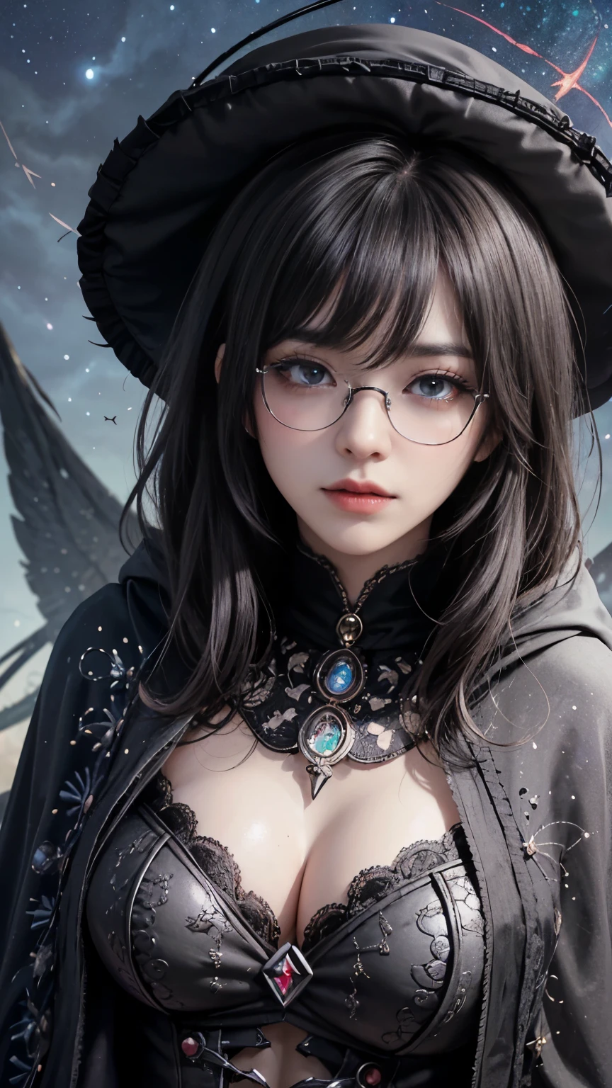 (Fatal Beauty,A charming villain,witch) ,(A supple and powerful physique),(Sensual charm),(Mysterious charm:1.1),(Captivating silhouette),(highest quality,High resolution:1.2),(dark,Threatening:1.1),((dark horror theme:1.5),(Thriller:1.5)),(Dark fantasy:1.5),  (((Countless stars fly away:1.5),(Absurd:1.5),(wonderful:1.5))),Woman in a dress, ((((Glasses))))、((((big sapphire necklace))))、(Powerful numbers:1.1),(((Big Breasts))),(((Fiery crown:1.1))),prime color,Urban,Very detailed,masterpiece,Intricate details,Faded,Very detailed, Eye on the details,Intricate details,Dark and spooky atmosphere,  spiritual being, Unforgettably beautiful, Ghostly figures, Shadow-like shape, Spooky whispers, Ominous Aura, Goth Maiden, Very darkHer eyes, Like dazzling fur in a starless haze,Her Mogul Snaps, Mysterious Cemetery,Black hair swaying in the moonlight, She summons darkness, (beautiful: 1.7), (Black Hat: 1.6), (An intricately decorated jet-black cloak: 1.6), (Delicately decorated cloak, Despite being damaged: 1.5), Hypermaximalist,  Breathtaking oil paintings, Surreal, Ultra-realistic digital illustrations that mimic the style of oil paintings, Seamlessly blending the psychedelic visionary art of Alex Grey with the physical-mechanical aesthetic of H.R. Giger. Wonderful configuration,  (Shining Eyes:1.6)、(Glowing Eyes:1.1),(hellish landscape:1.1),(fire,sulfur:1.1),(Threatening atmosphere:1.1),(dark shadows,Threatening presence:1.1),(Unlucky Clouds,Stormy Skies:1.1),(dark,Spooky atmosphere:1.1),(Aura of misfortune,Evil energy:1.1),(dark aura,cigarette:1.1),(Extreme heat,Burning Flames:1.1),(Nightmare Visions:1.1),(Predicting the end:1.1),(Whispers of misfortune,Devilish Laugh:1.1),(Cries of pain,echoing screams:1.1),(Bad luck symbol,Ancient runes:1.1),(Mysterious Relic,dark art ifacts:1.1),(Infernal Ritual,Ritual sacrifice:1.1),(Eternal Ruin,A hopeless existence:1.1),  Inspired by abandoned mech backgrounds. Art created by Craig Mullins, Necrostyle., Detailed Description, Futurist