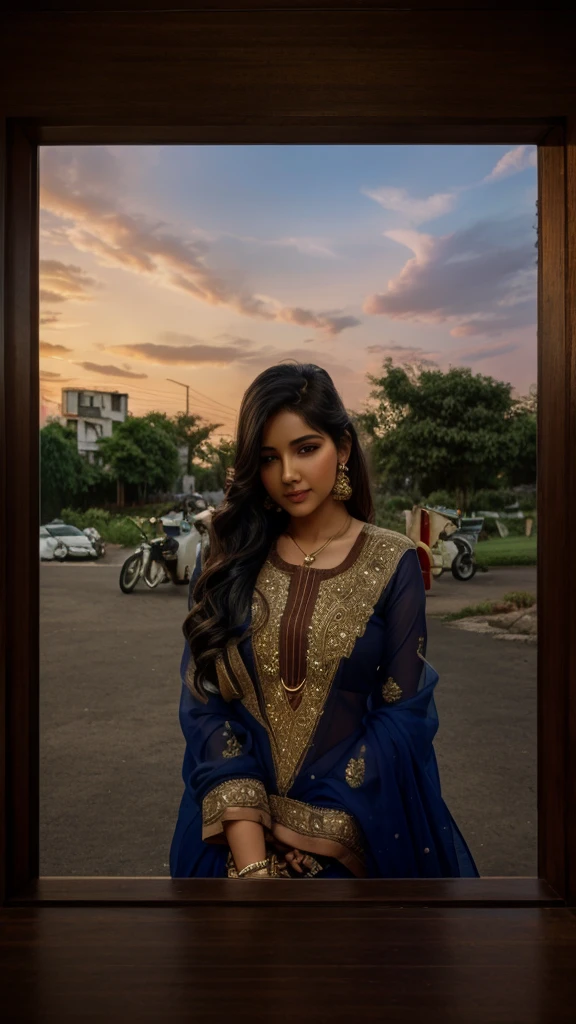 (((desi girl))), chubby face, natural skin, wearing beautiful saree, charming black hair, ((hair ends are blonde)), greenary village background, bokeh visible from a distance 