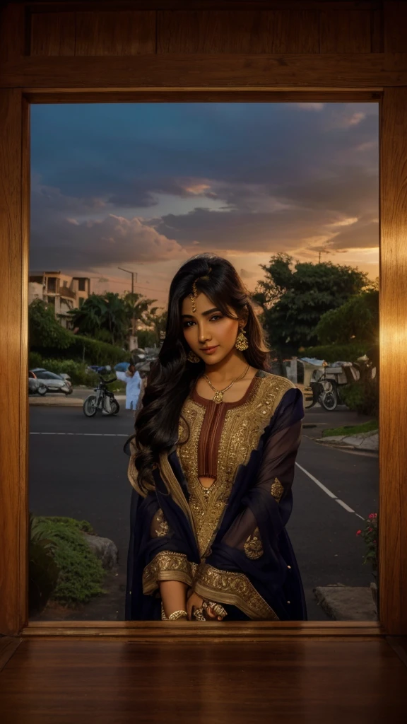 (((desi girl))), chubby face, natural skin, wearing beautiful saree, charming black hair, ((hair ends are blonde)), greenary village background, bokeh visible from a distance