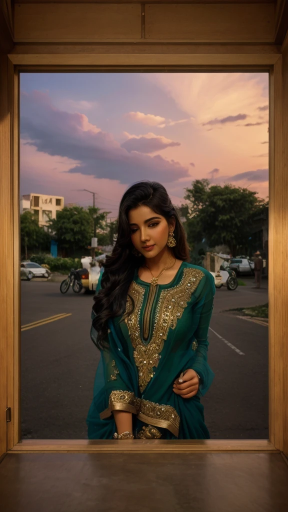 (((desi girl))), chubby face, natural skin, wearing beautiful saree, charming black hair, ((hair ends are blonde)), greenary village background, bokeh visible from a distance