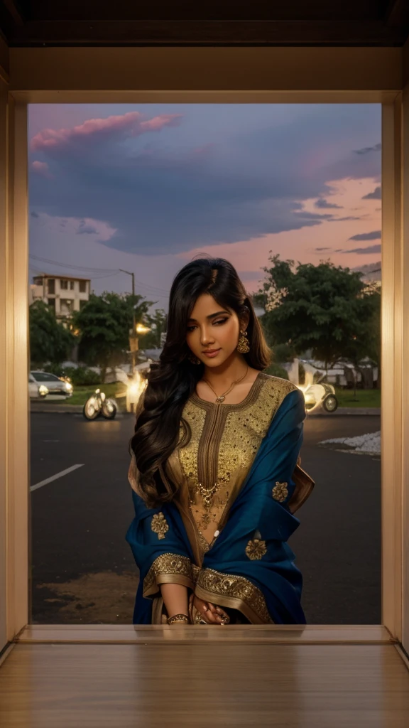 (((desi girl))), chubby face, natural skin, wearing beautiful saree, charming black hair, ((hair ends are blonde)), greenary village background, bokeh visible from a distance