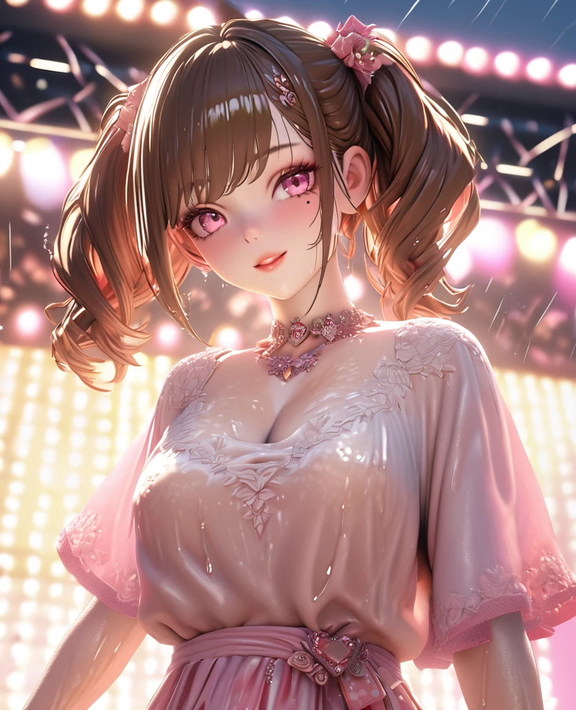 one girl, staring at the audience, beautiful pink eyes, brown hair in short twin tails, mole under eye, plump glossy lips, heart shaped choker, idol, her name is Mei, smiling, . . . 3D, realistic, idol's costume was drenched in heavy rain, her chest was wet and see-through, heavy rain at outdoor concert, draped clothes, jewelry and decorations removed, floral patterns, lace trim, glittering on stage, masterpiece, best quality, 8k, detailed skin texture, detailed fabric texture, beautifully detailed face, intricate details, highly detailed, ultra high resolution, 8k Ultra HD, film grain, best shadows, delicate, staring at the audience, front