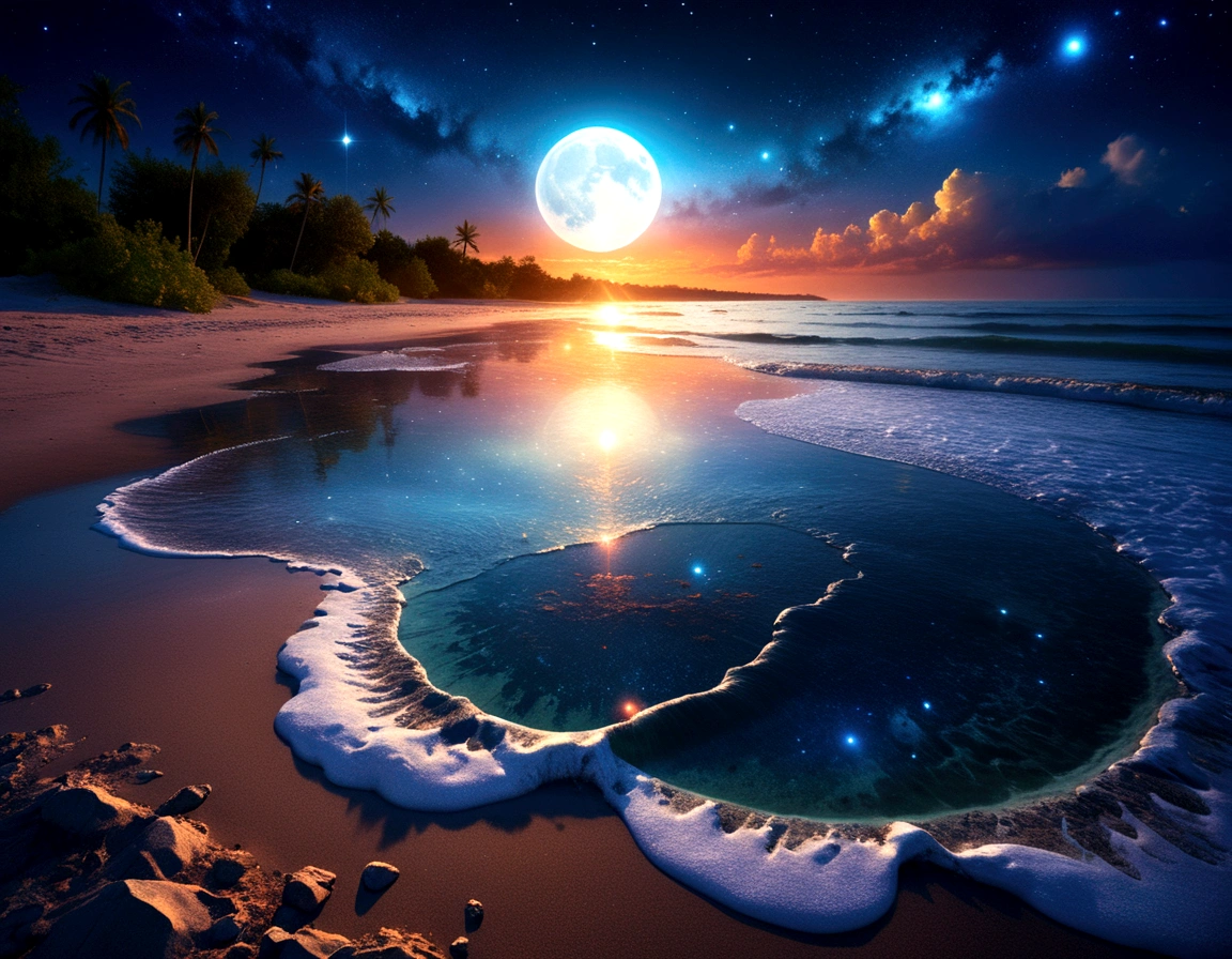 art by Phil Koch, Meghan Howland blue moon Digital ral-epochelves surreal image of a summer landscape after sunset luminism representing a vast cosmic eye dominating the night sky, surrounded by a network of stars, nebulae and cosmic dust, Beneath this cosmic spectacle, depicts a tranquil beach with the surface of the ocean is sparkling, lush and symmetrically reflects sparkling nebulae and luminous astral bodies point. Realism: complex background, dynamic lighting, digital painting, intricate details. The overall style should be dreamlike and fantastical, with a touch of realism in the details.