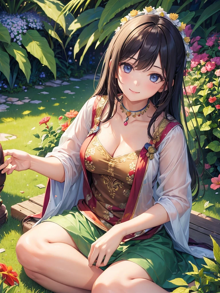 (masterpiece:1.5),(Beat quality),(high res),1girl solo,beautiful face,smile(shining eyes),light effects,Woman in summer clothes,indian style sitting,garden