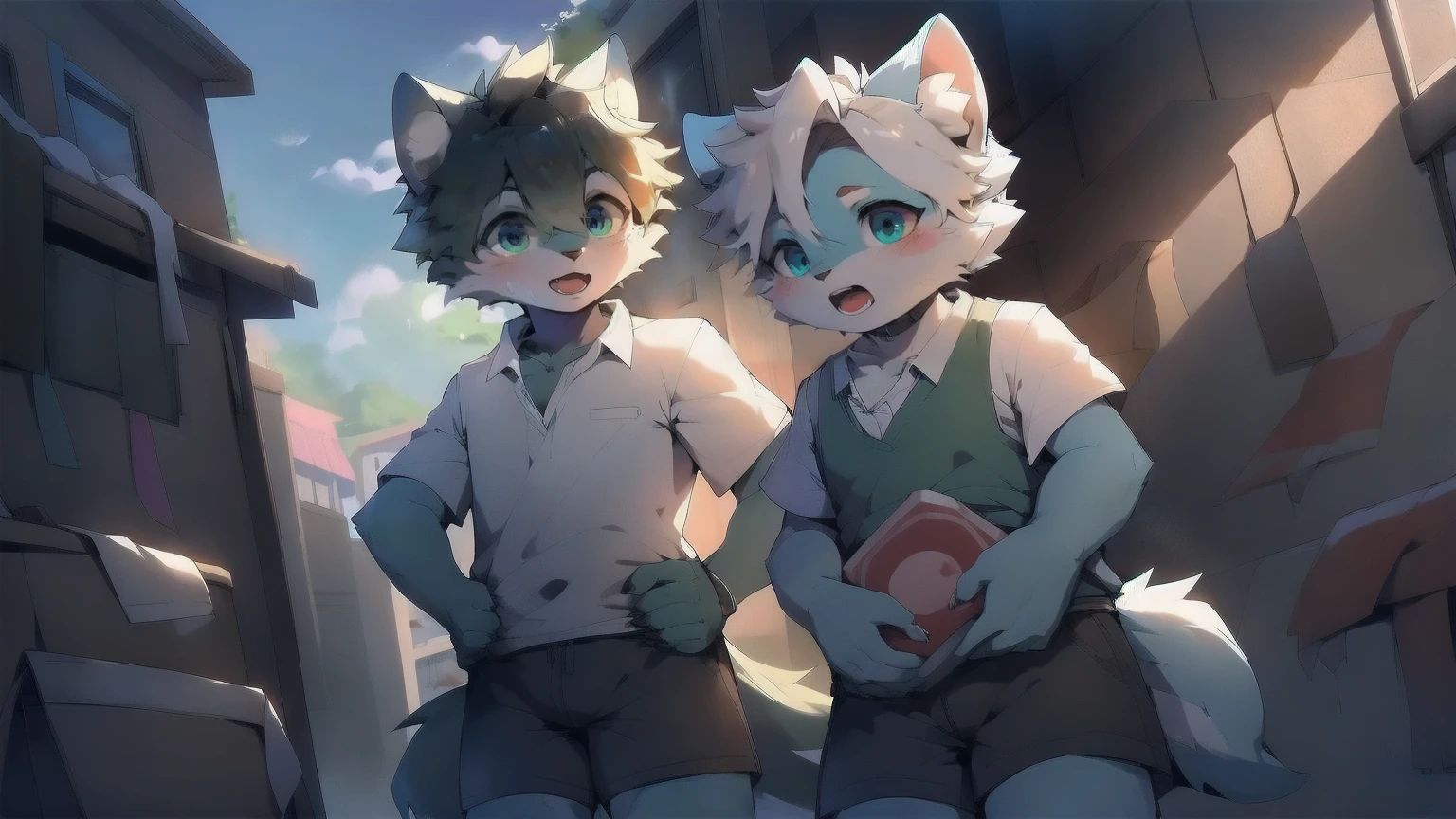 White Wolf，male，boy，Smile，happy，Sky blue eyes，Black-gray hair，hairy，Wolf ears，柔软的hairy尾巴，White shirt，Short-sleeved shirt，arm，Animal Claws，Meat pad，Put one hand in your pocket，Wave with one hand，Black shorts，thigh，Standing，Neighborhood，Small alley，Bustling