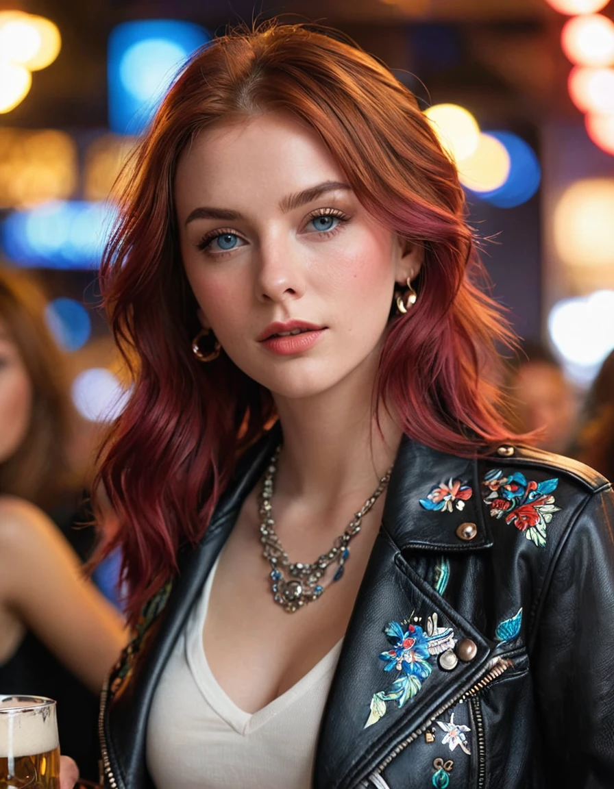 (masterpiece, top quality, best quality, ,ultra highres,8k, ,wallpaper, RAW, intricate details, sharp focus, natural lighting, realistic, professional, delicate, amazing finely detailed, Beautiful and beautiful:1.2), (1 girl:1.3),Very detailed,(rich and colorful:1.1),A beautiful female , blue eyes, black jacket, red hair, seductive eyes , beautiful accessories, tattoo , close up ,night club,beer,glass,music, dancing,disco