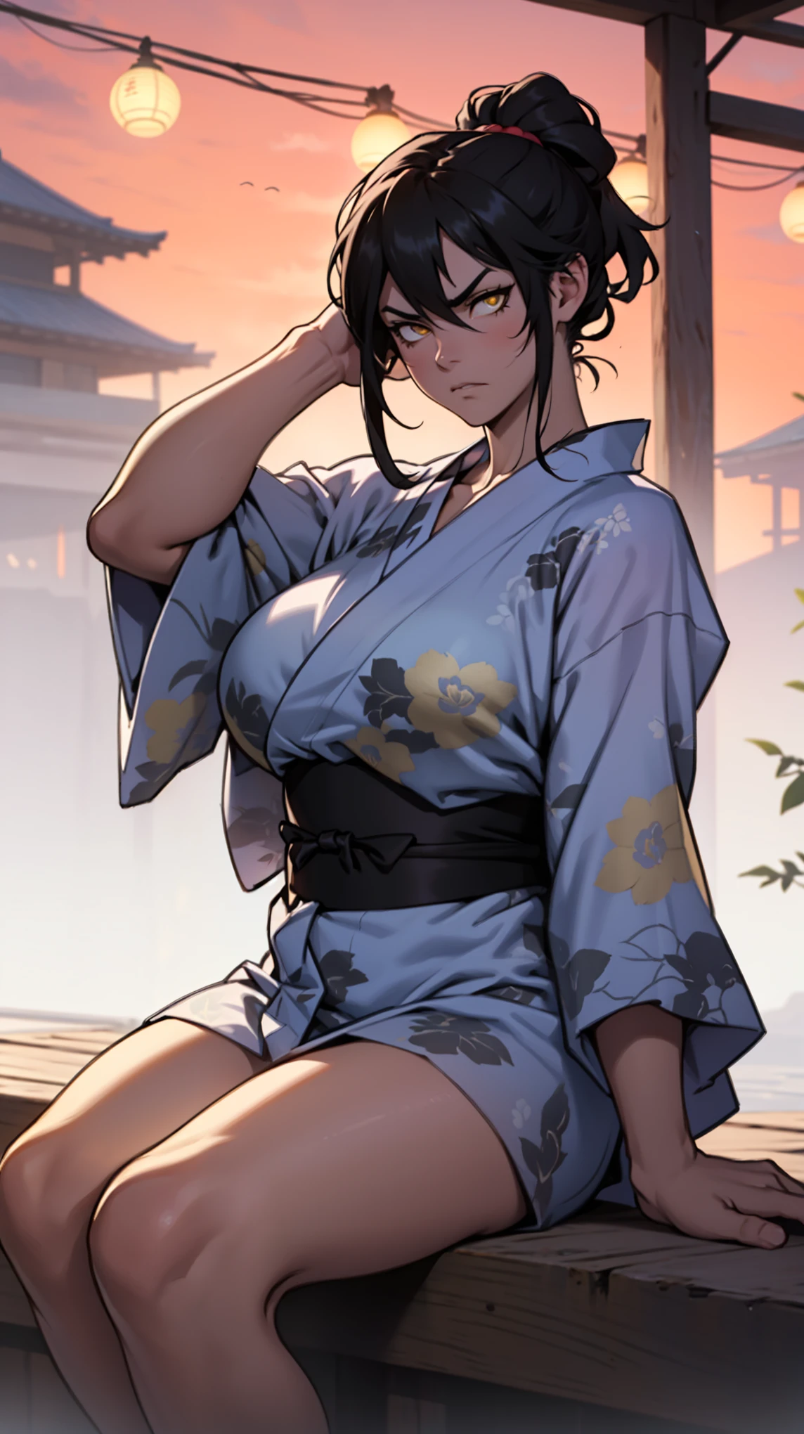 girl ((muscular)) massive breasts thick disdain disgusted annoyed disappointed black hair yellow eyes pale skin super detail yukata sitting