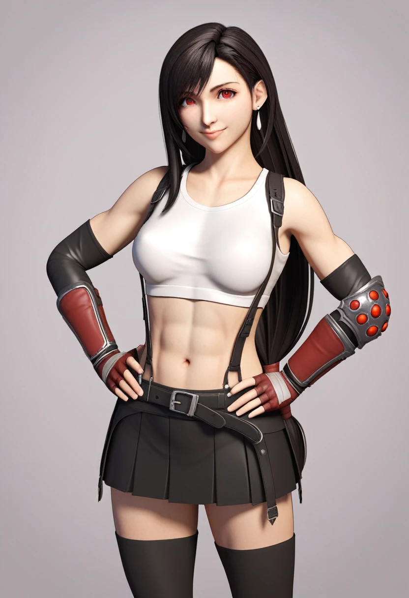 (best quality, masterpiece:1.4), (ultra high resolution:1.4), 8k illustration, extremely detailed, 3D, (realistic:1.45), (photo realistic:1.47), soft focus, blurry background, a Japanese woman, 7rtifa, incredible beautiful woman, extremely delicate and beautiful woman, solo, cute and pretty face, elegant, gentle, neat, red eyes, puffy lips, low-tied long hair, medium breasts, clear and fair skin, perfect figure, earrings, white crop top, suspenders, pleated miniskirt, black thighhighs, arm guards, elbow gloves, fingerless gloves, standing, both hands on hips, gentle smile, (in the slum:1.3), (cowboy shot), (shot from diagonally front), groped by fat ugly pervert, exposed brease