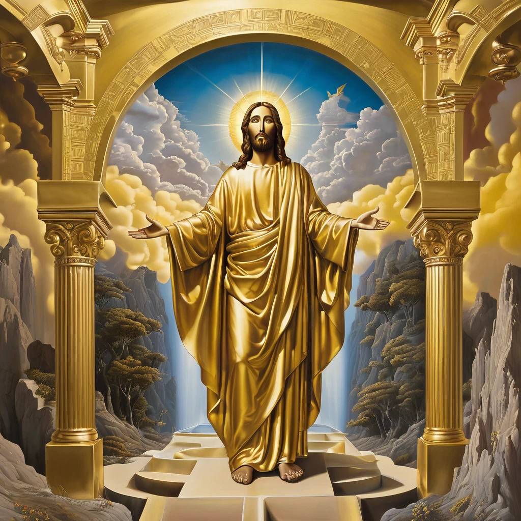 art surrealism golden Jesus standing in front