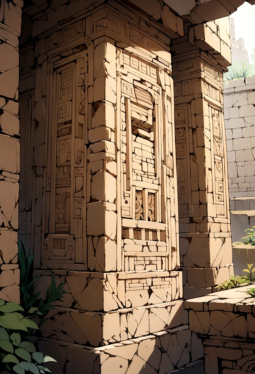 Illustrate ancient ruins with hidden hieroglyphics or coded messages in the stonework that reveal a story or secret when deciphered.