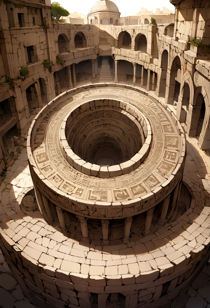 Illustrate ancient ruins with hidden hieroglyphics or coded messages in the stonework that reveal a story or secret when deciphered.