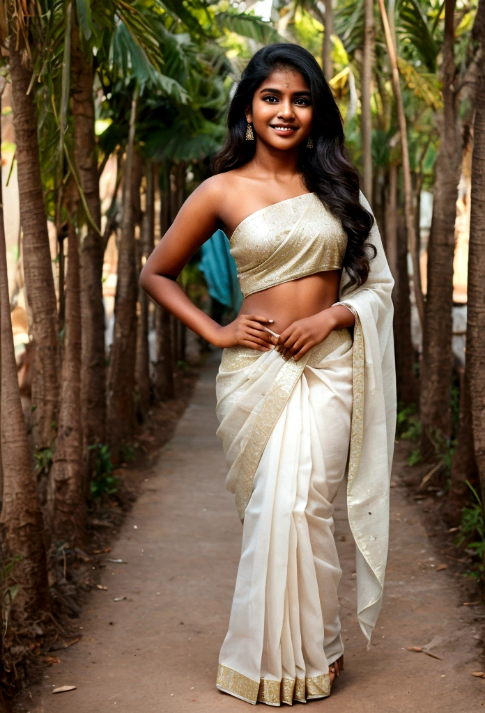 Design an image of a realistic Kerala teen model face dressed in a half saree, white skin colour, with a radiant smile and a sense of style that exudes confidence. 