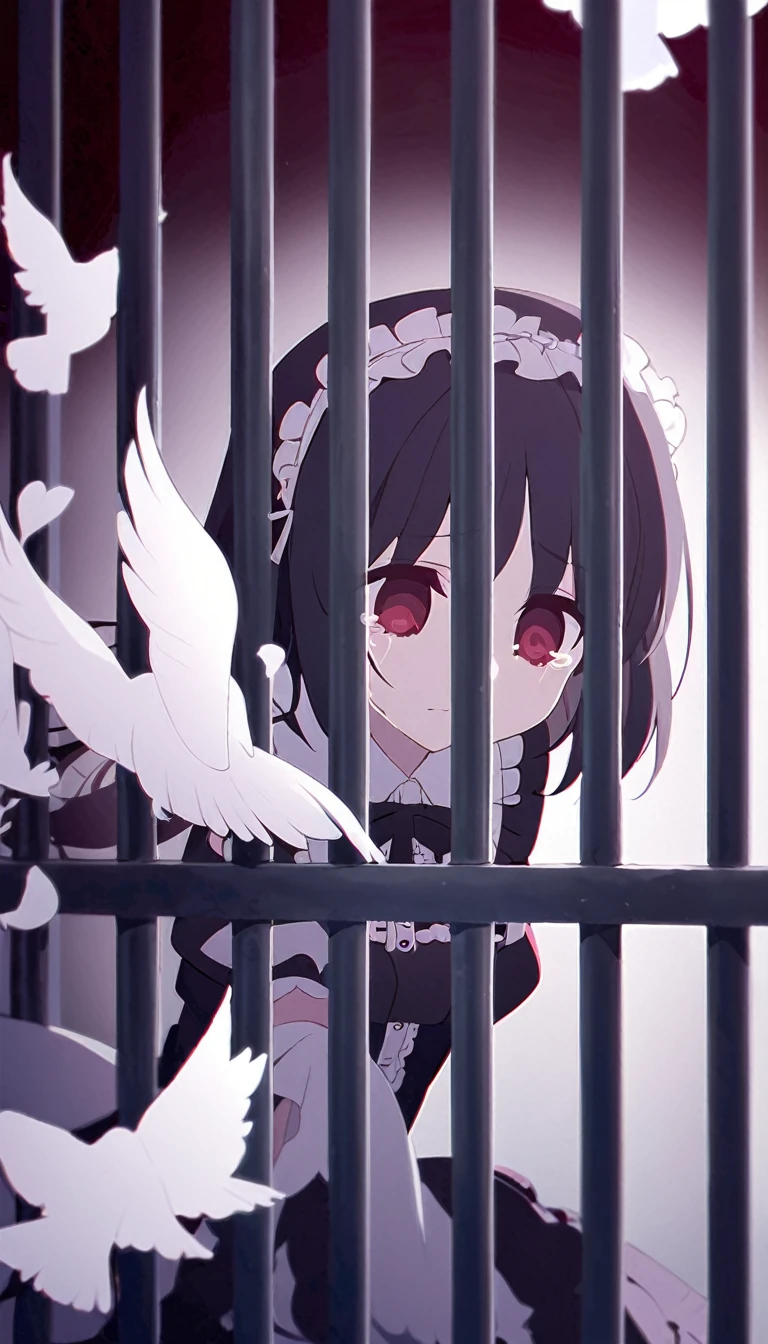 One girl、Black Hair、Red eyes、Gothic Lolita、Trapped in a birdcage、Standing expressionless、Tears flowing、Extending the right arm forward、Standing behind the bars、A single white dove sits outside the cage