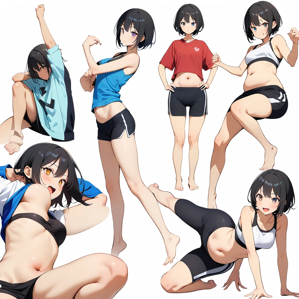 16k works,Highest quality,18-year-old,No background.White background only,whole body、Kneel,Dynamic and sexy pose, One person, Beautiful Face,, Symmetrical eyes, Perfect body, Good balance、 Perfect body、((Wearing sports shorts:1.5、I can see my belly button:1.5,barefoot))、Black Hair,Short Bob Hair,Laughter,(Small head:1.2,skinny:1.4,Slender body,Medium chest