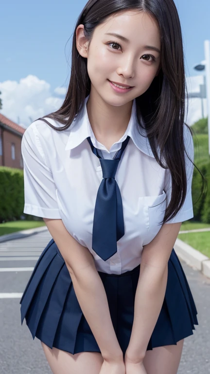 ((High definition)),((high resolution)),((High definition)),((detailed)),((8K)),((Perfect Face)),((Perfect body)),((Realistic)),((Real)),((Realistic)),((beautiful girl)),((school uniform)),Straight long hairstyle、Showing his forehead、Short skirt、Looking up、Bend over and peer at me、Smile with your mouth closed、Jet black hair、Dark brown eyes、Double eyelids、Big Eyes、Schoolyard、blue sky、sunny