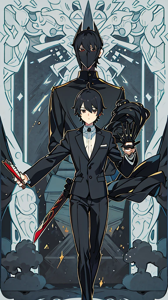 Short black hair，black suit，male，A dark mask covers the entire face，Holding a long black knife，indifferent，anime style，Height 187 cm