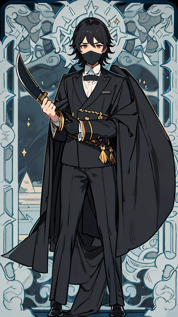 Short black hair,black suit,male,A dark mask covers the entire face,Holding a long black knife,indifferent,anime style,Height 187 cm