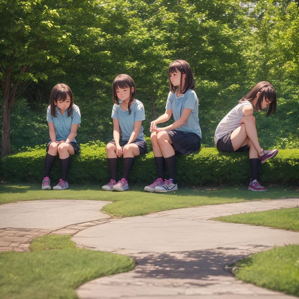 
Girls sitting in the park with their hands on the ground